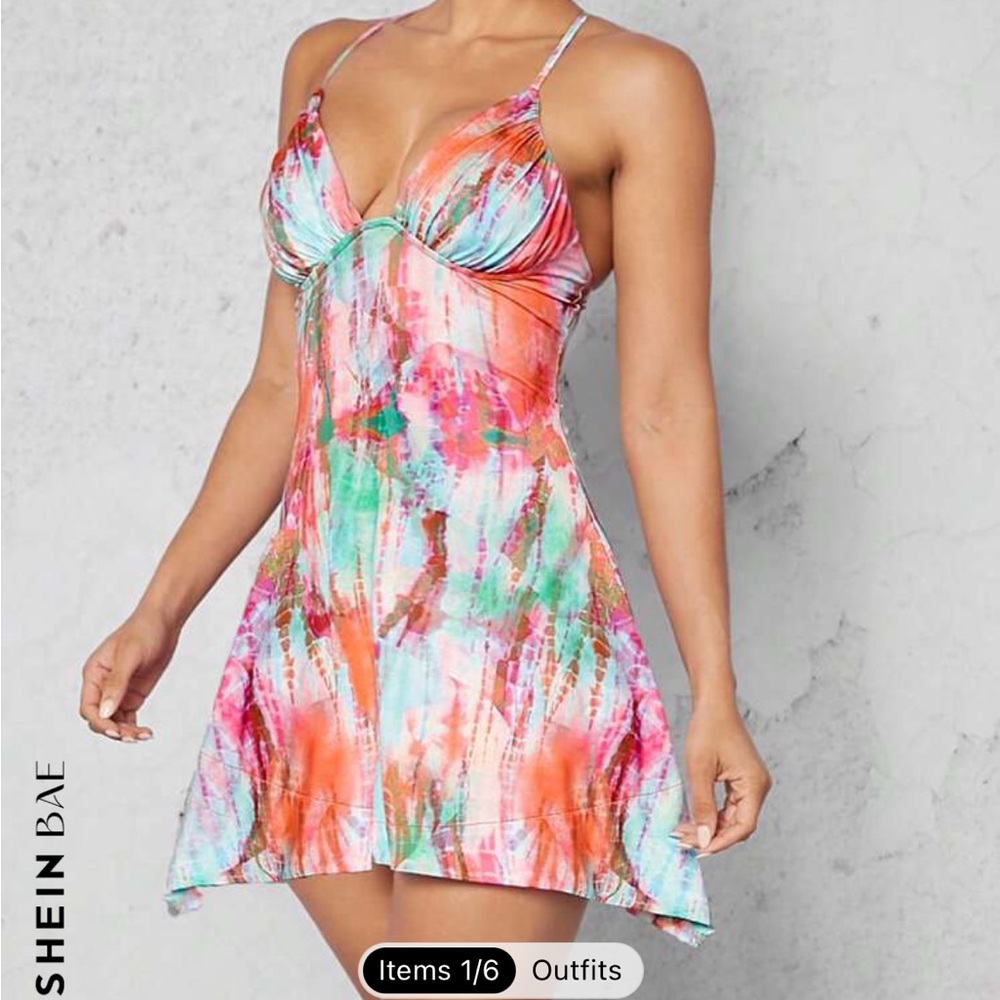 SHEIN Pink and Blue Spaghetti Strap Mini Sundress